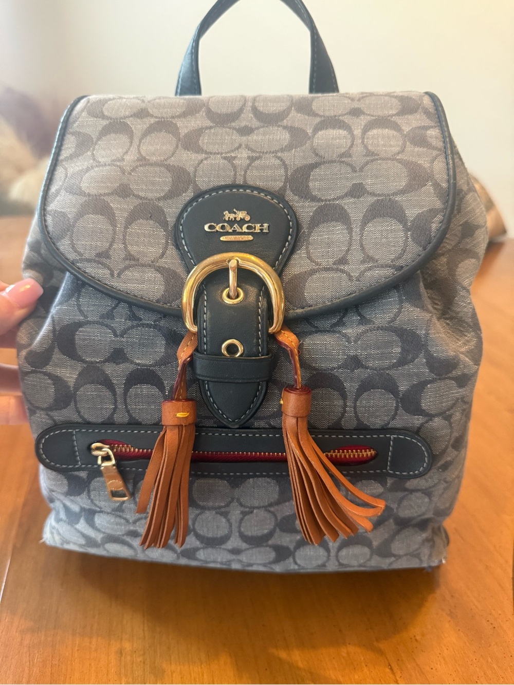 COACH Kleo Backpack in Signature Chambray with Tan Tassels